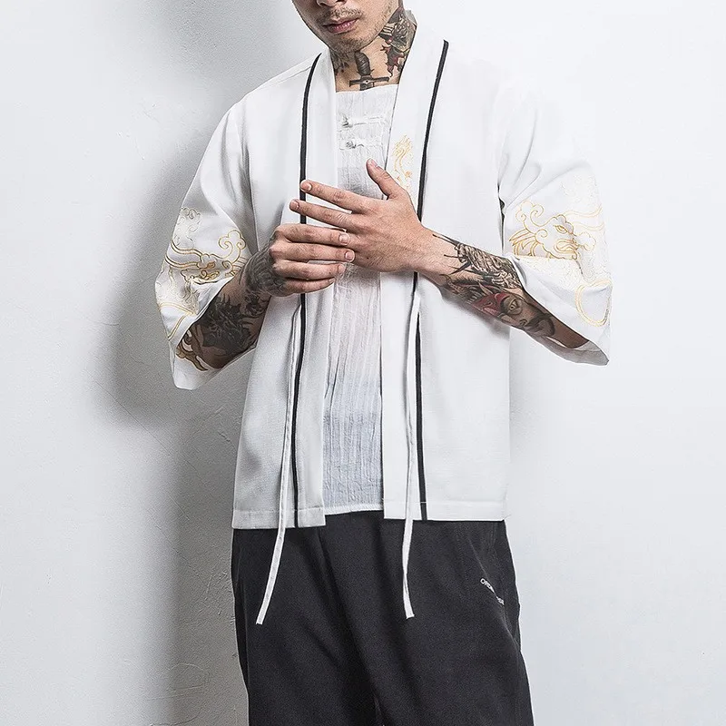 

Chinese Style Kimono Cardigan Dragon Phoenix Embroidery Men Cotton Yukata Haori Robe Coat Japanese Vintage Streetwear 4XL 5XL