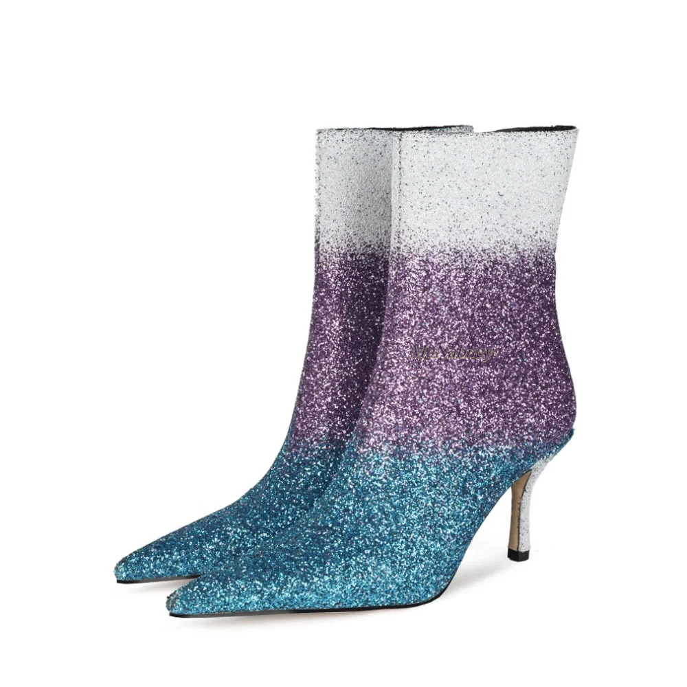 

Новинка 2022, женские ботинки McNabney, блестящие женские ботильоны с острым носком, ботинки на шпильке с боковой молнией, Осень-зима