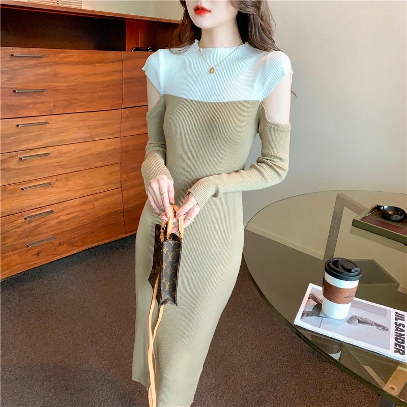 

French Vintage Sweater Dress Women Casual Long Sleeve Knitted Dress Office Lady Slim One Piece Dress Korean Fashion 2021 Autumn