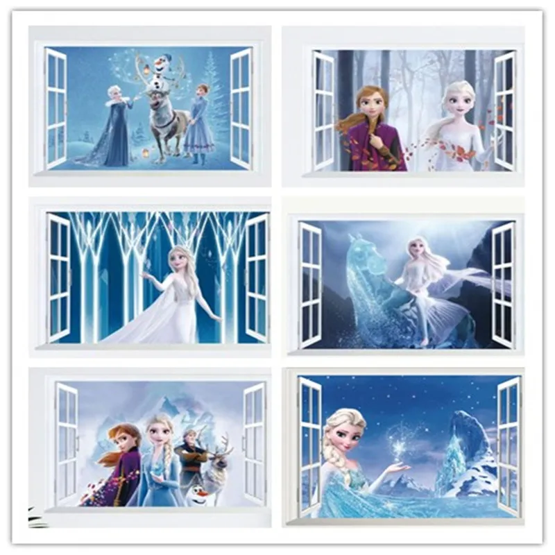 Vivid Cartoon  Frozen False window Wall Stickers For Kids Room  Bedroom DIY Wall Decoration  3D Anna Princess Movie Posters