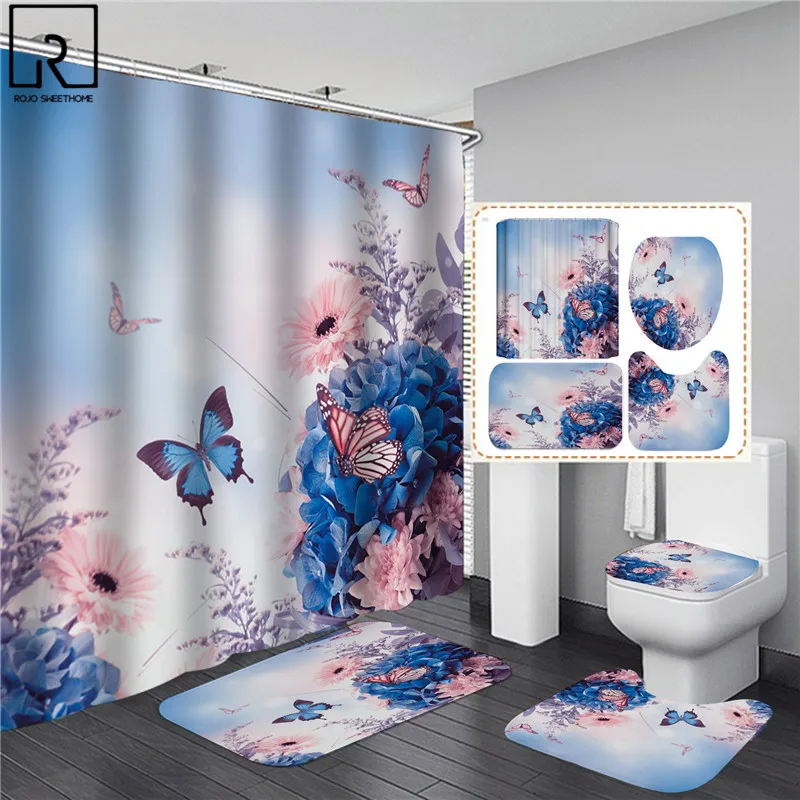 elegant butterfly flower rose print shower curtain woman bathroom decoration blue pink bath mat set toilet lid cover wc supplies free global shipping