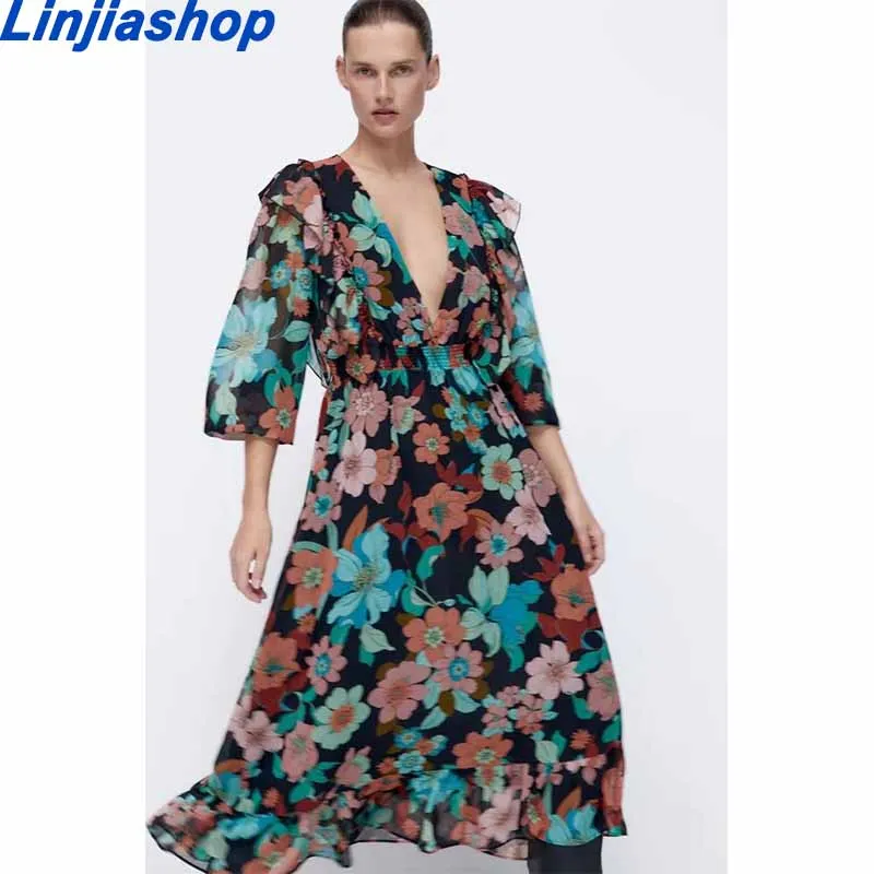 

Женское шифоновое платье-рубашка с длинным рукавом и цветочным принтом