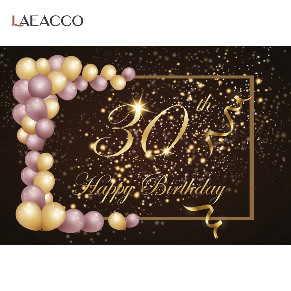 

Laeacco Balloons Happy 30th Birthday Photography Backdrop Gold Ribbons Polka Dot Poster Customized Backgrounds For Photo Studio