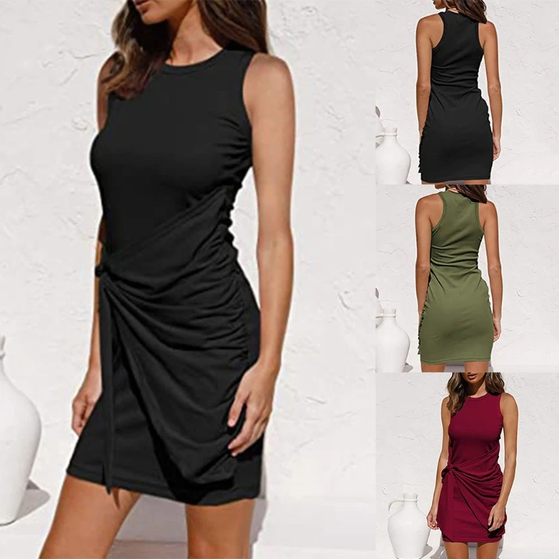 

Womens Summer Sleeveless Sexy Bodycon Mini Tank Dress Ruched Tie Waist Solid Color Crewneck Casual Cocktail Clubwear