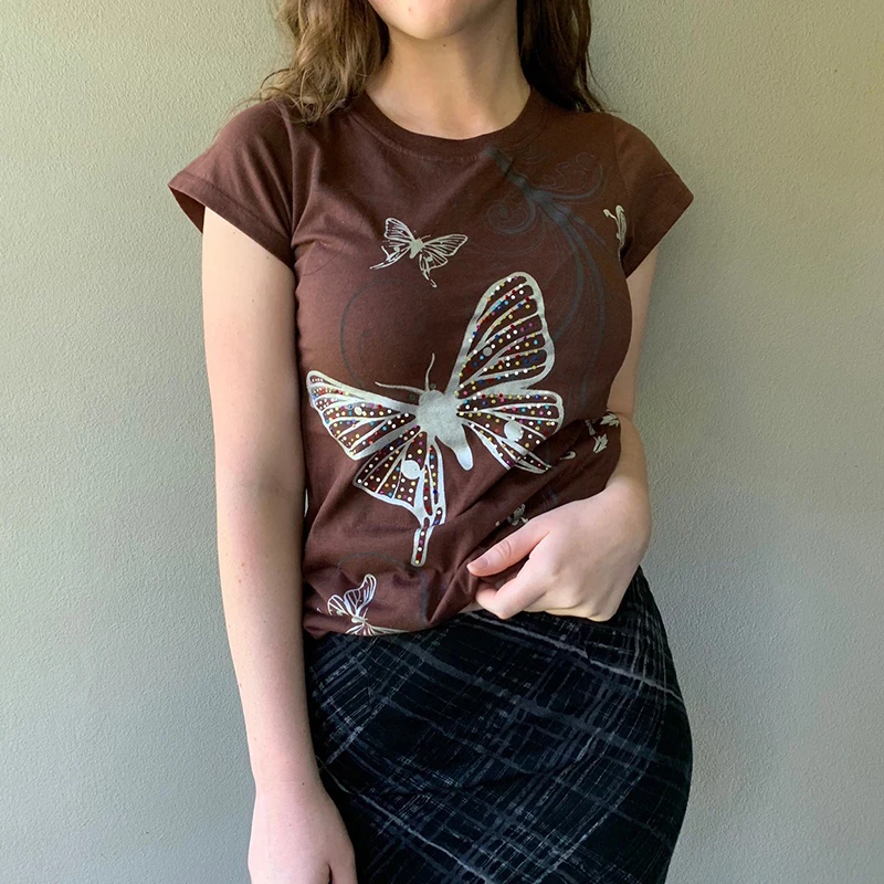 

Women Casual Short Sleeve T-shirt Y2K Fashion Butterfly Printing Slim Fit Pullover Tops Streetwear