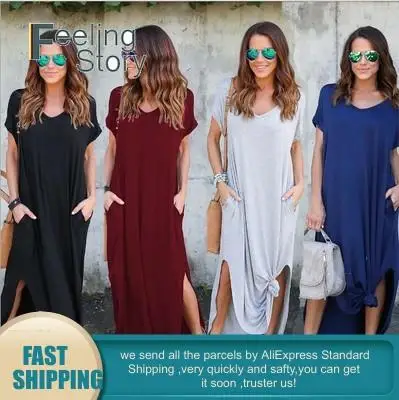 Женское летнее платье повседневное Свободное длинное макси с карманом бохо