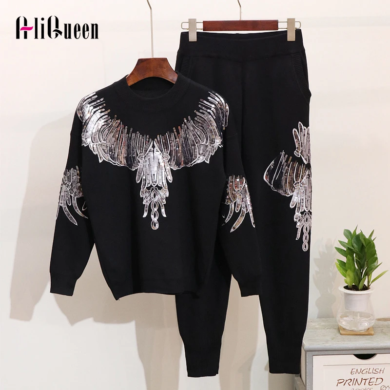 Женский осенне зимний спортивный костюм комплект из 2 предметов с блестками и