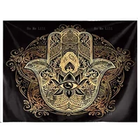 Spiritual Psychedelic Black Gold Hamsa Hand Wall Hanging Mandala Medallion Bohemian Tapestry For Home Decor