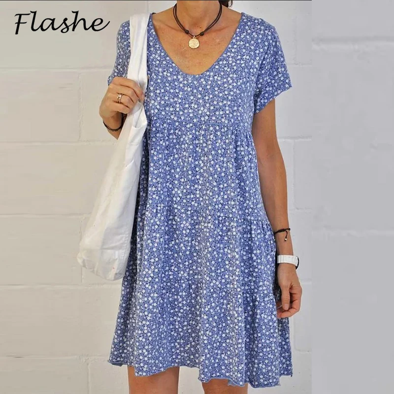 

Женское винтажное мини-платье с коротким рукавом, круглым вырезом и цветочным принтом