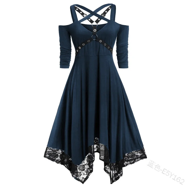 Женское платье в стиле панк однотонное большого размера с кружевной отделкой на