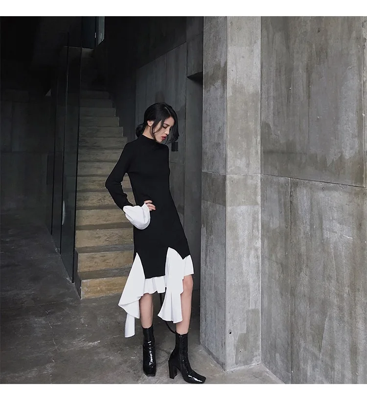

Harajuku Style Women's Black/White Sweater Dress 2021 New Slim Long Irregular Knitted Dresses Vestidos