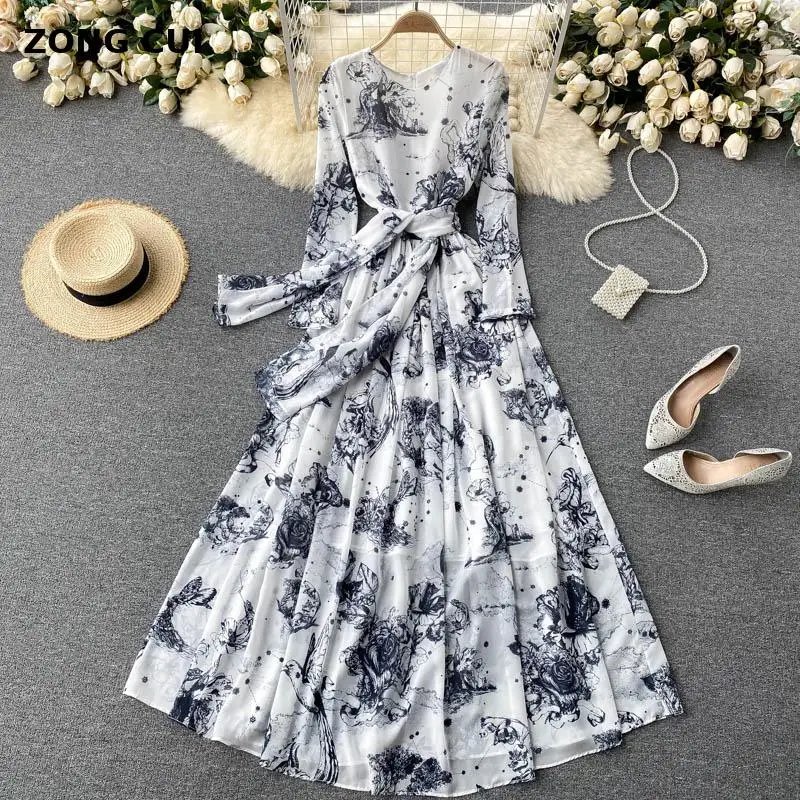

Elegant ink painting Maxi Dress New Women's wear o-neck long sleeve lace up waist big swing floor length dress autumn vestidos