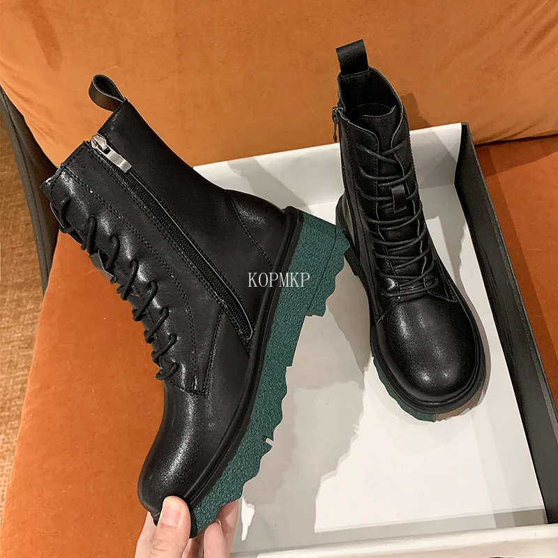 

Ботинки женские кожаные, на шнуровке, с круглым носком, на молнии, Осень-зима, 2021