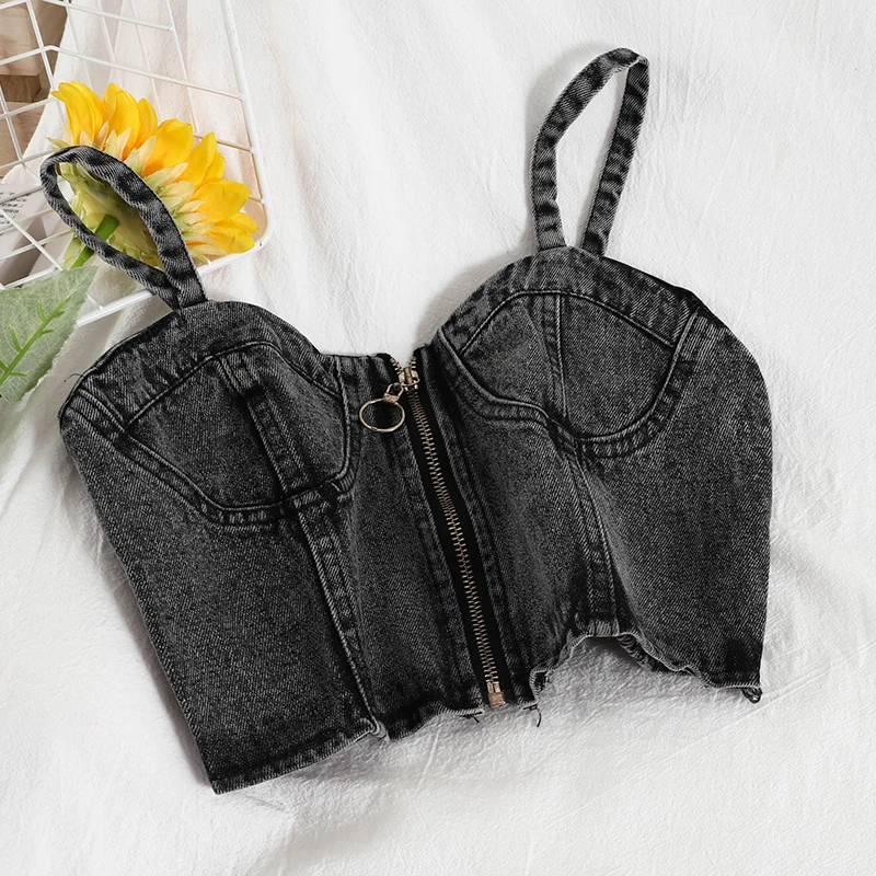 Design Sense Niche Wear Elegance Retro Sleeveless Top Trendy Short Denim Small Sling Vest Women's Clothing Top Sexy
