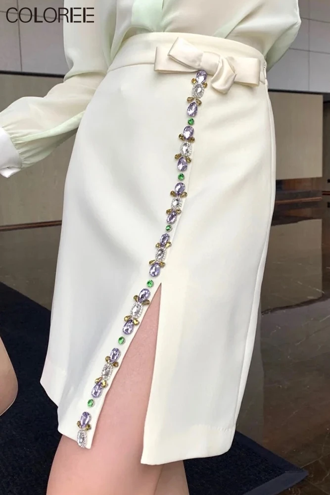 

Handmade Diamonds Bow High Waist Skirts Womens Fashion Elegant A-line White/black Skirt Summer Vetement Femme 2021