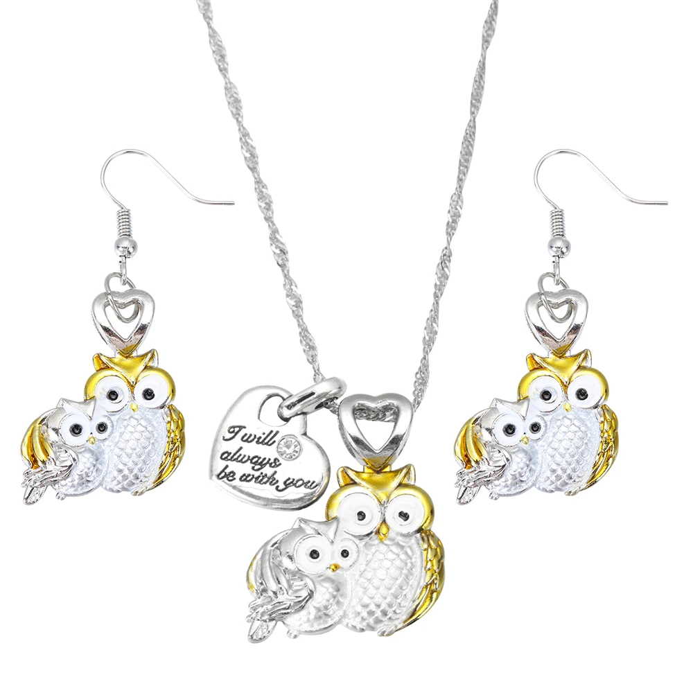 

Cute Two-Color Metal Lettering Love Mother and Child Owl Earring Owl Necklace Animal Pendant For Women|Girl