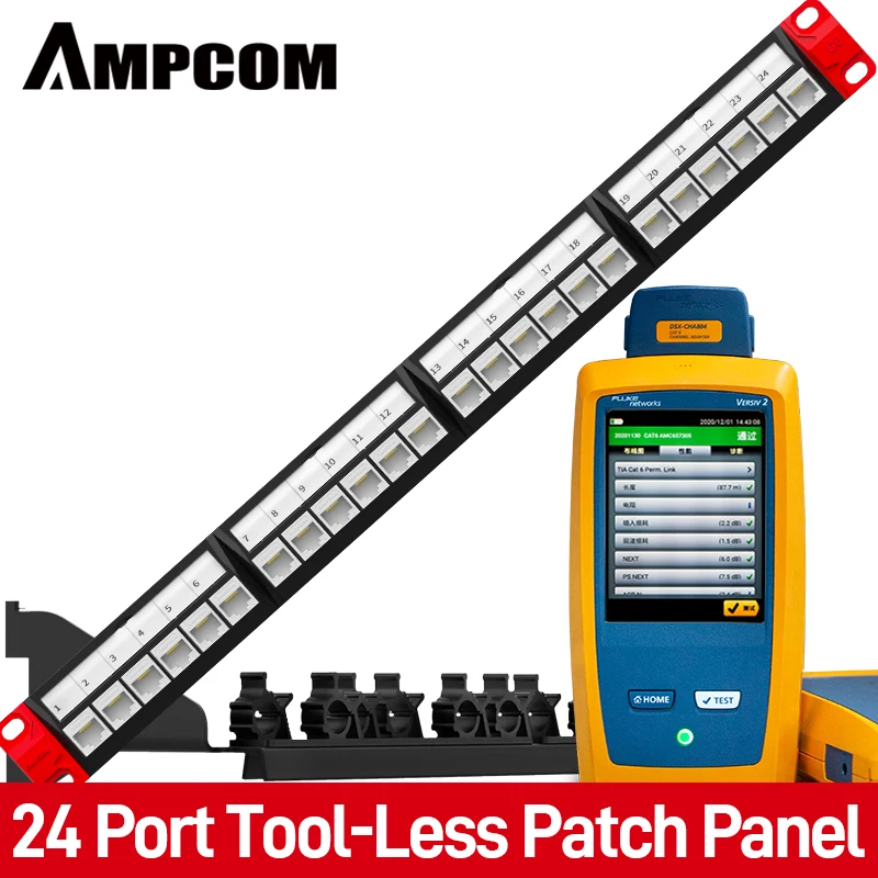

AMPCOM CAT5e/6 24 Port Tool-Less Keystone Jack RJ45 Patch Panel, Rack Mount - 1U, 19 inch, RJ45 Ethernet 568A/B, 50u Gold Plated