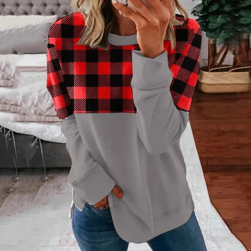 

Spring Women T-Shirt Casual Fashion Tops Print Plaid Ladies Clothing O-Neck Long Sleeves Soft Comfortable Autumn