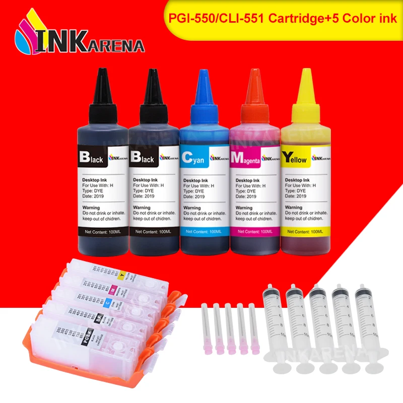 INKARENA 5 × 100 мл краска чернила + PGI 550 CLI 551 многоразовые для Canon PIXMA MG7150 MG7550 Ip7250 MX925 MX725
