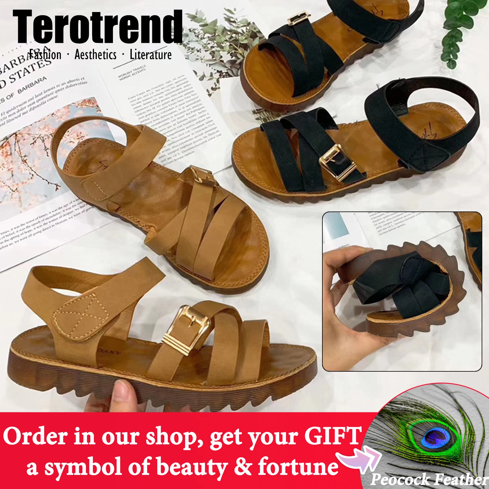 Женские сандалии гладиаторы на плоской платформе с пряжкой коричневого и