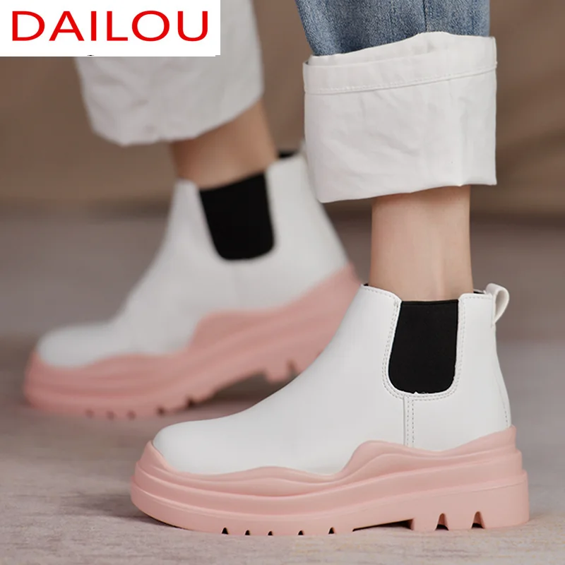 

2021 Autumn New Fashtion Platform Pu Leather Women Ankle Boots Thick Heel Comfortable Splicing Elasticity Women Casual Boots