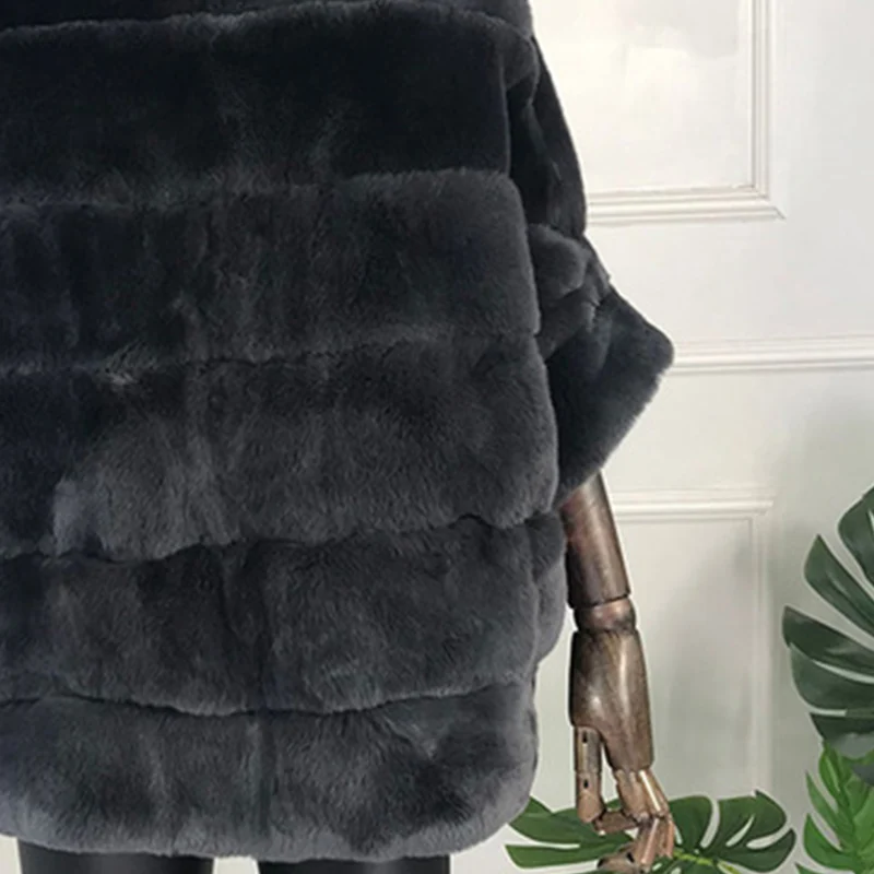 Натуральное меховое пальто с рукавом летучая мышь короткое кроличье меховое пальто Женская куртка с мехом кролика рекс - Цвет: Черный