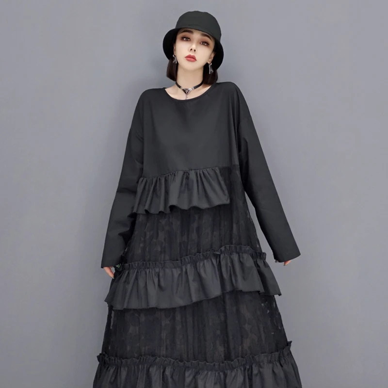 

SHENGPALAE Fashion Solid Color Dress Women's Autumn 2021 New Round Neck Long Sleeve Ruffles Lace Mid-calf Dresses Female Tide