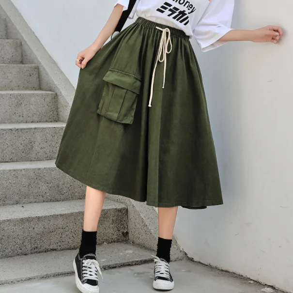 Новинка 2020 летняя женская однотонная Свободная юбка с карманами на шнуровке