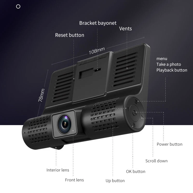 Автомобильный видеорегистратор скрытый с тремя записями HD 4 дюймовый