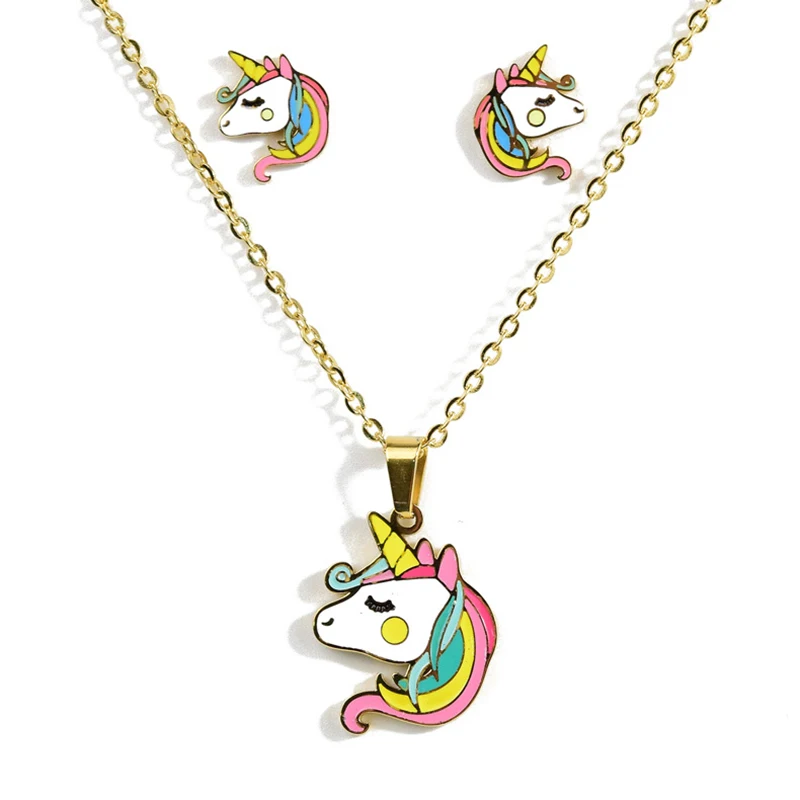 Цветной пони мультфильм животное серьга с единорогом ожерелье из нержавеющей