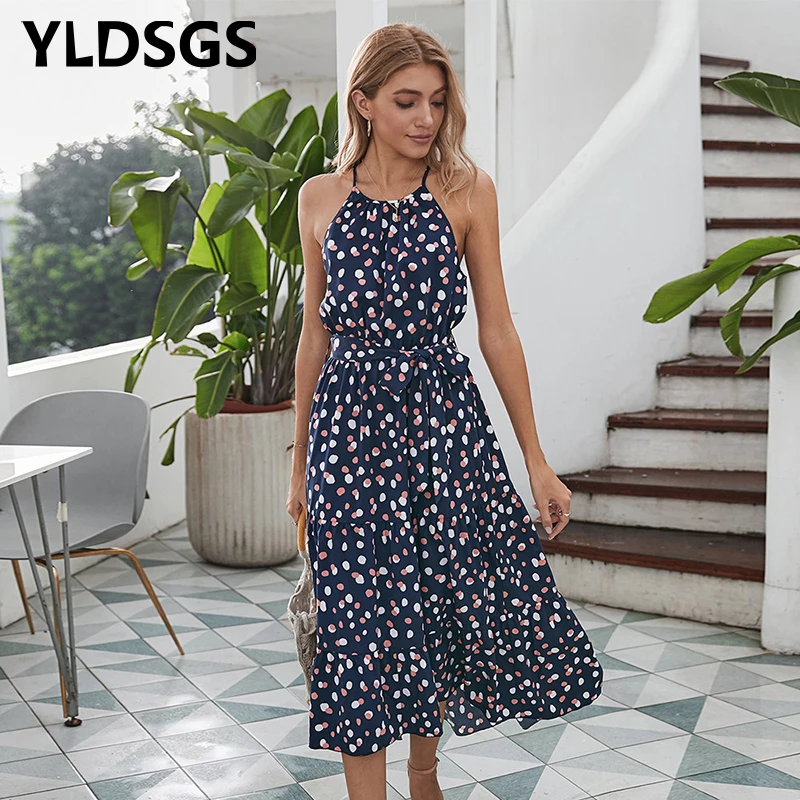 

Boho Floral Printed Ruffle Dress Long Sleeve Women'S Midi Dresses Dresses Halter Loose Women'S Dresses Beach Sundress