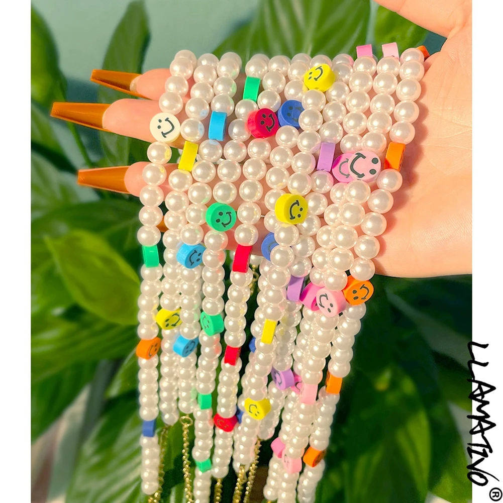 

Boho Handmade Rainbow Clay Smile Face Imitation Pearl Beaded Necklace For Women Fashion Beads Chain Choker Necklaces New Jewelry