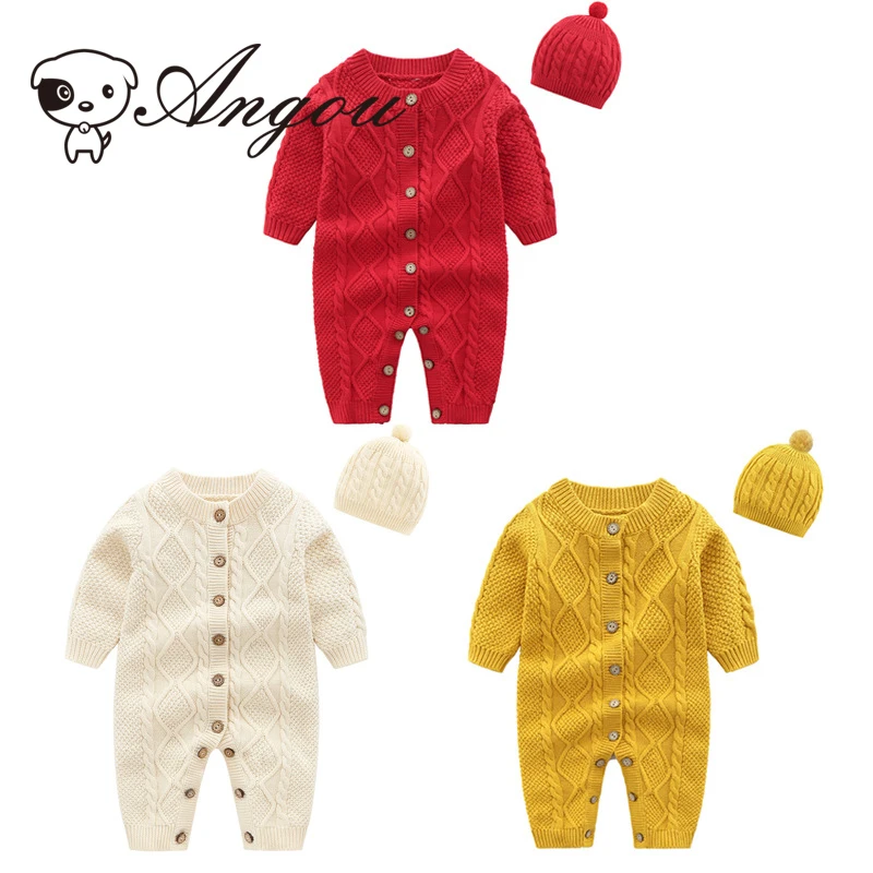 

Angou Baby Rompers Knitted Newborn Boy Jumpsuit With Hat Outfits Long Sleeve Autumn Infant knit Girl Overalls Winter Boy Clohtes