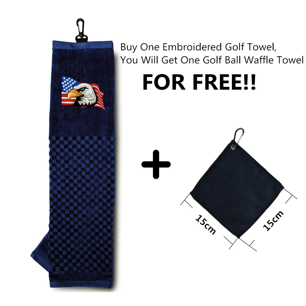 Waffle Pattern Tri-fold Golf Towels with Hook Brush Tool Checkered Scrubber Design Embroidered USA UK Flag Eagle Drop Shipping | Спорт и