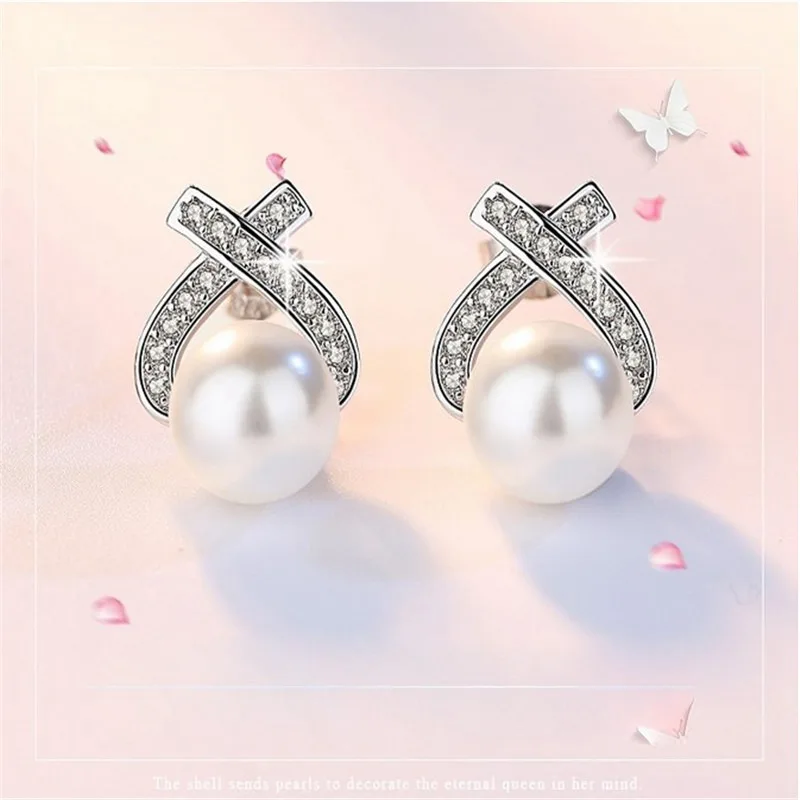 

High Quality Jewellery Bow Swirl Ear Stud Womens Pearl Earrings Crystal Girls