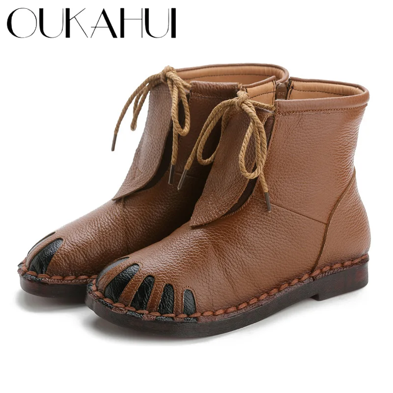 Женские ботинки ручной работы OUKAHUI винтажные мягкие ботильоны из натуральной