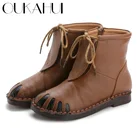 Женские ботинки ручной работы OUKAHUI, винтажные мягкие ботильоны из натуральной кожи на низком каблуке, на шнуровке, Осень-зима