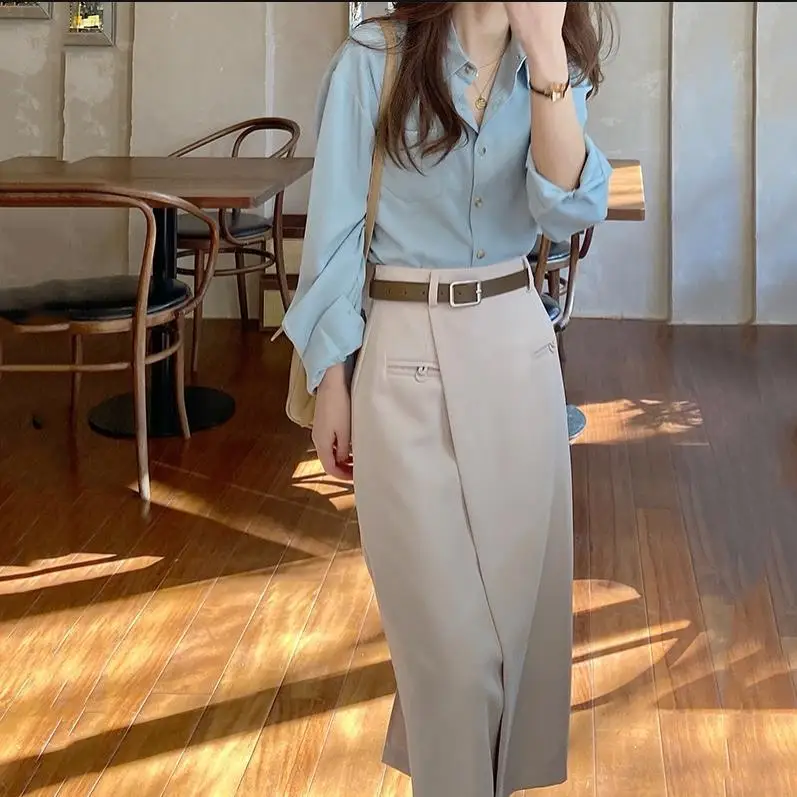 

2021 Spring Autumn Women New OL Loose Suit Female Turn Down Collar Shirt and Package Hip Skirt Two Piece Set Lady Solid Set P672