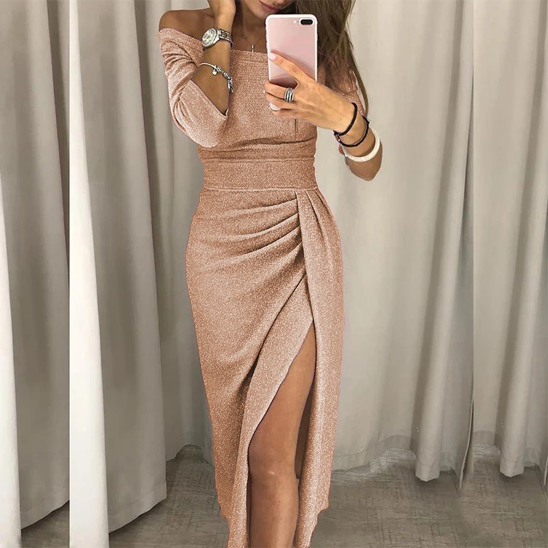 

Sexy Off Shoulder Party Dress Women High Slit Bodycon Dress 2020 Autumn Three Quarter Sleeve Bright Silk Shiny Dress
