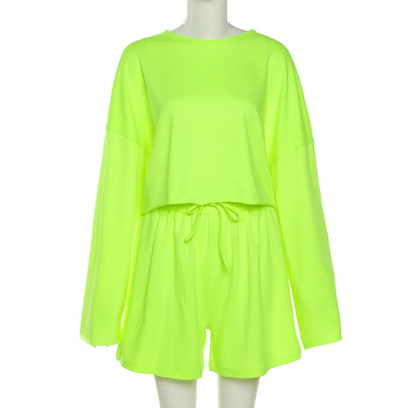 

Ahagaga 2021 Autumn 2 Pieces Loose Set Women Fashion Neon Fluorescent T-shirt + Shorts Chic Female Matching Tracksuit Costume
