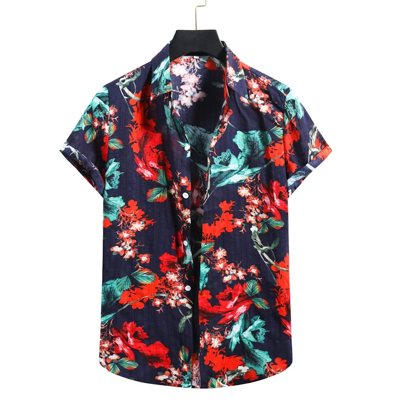 

Men's Shirt Harajuku Short Sleeve Shirts Men Loose Personalized Flower Printing Summer Casual Turn Down Neck Blouse Camisas