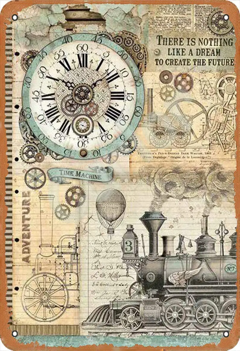 

SLALL Time Machine Steampunk Retro Street Sign Household Metal Tin Sign Bar Cafe Car Motorcycle Garage Decoration Supplies12 X 8