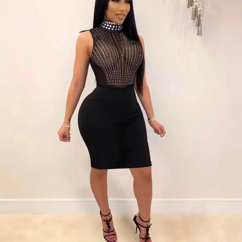 

Сексуальное черное Клубное платье с бусинами и бриллиантами, женское прозрачное Сетчатое Бандажное платье, роскошное вечернее Клубное пла...