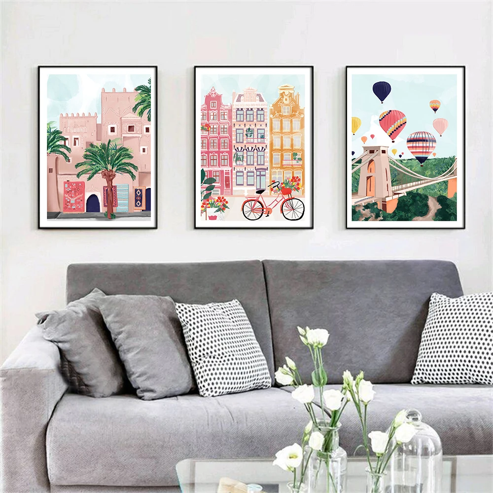 

Cartoon Poster City Sea View and Nature Landscape Canvas Painting Travel Print Picture Home Decoration Color Wall Art Cuadros