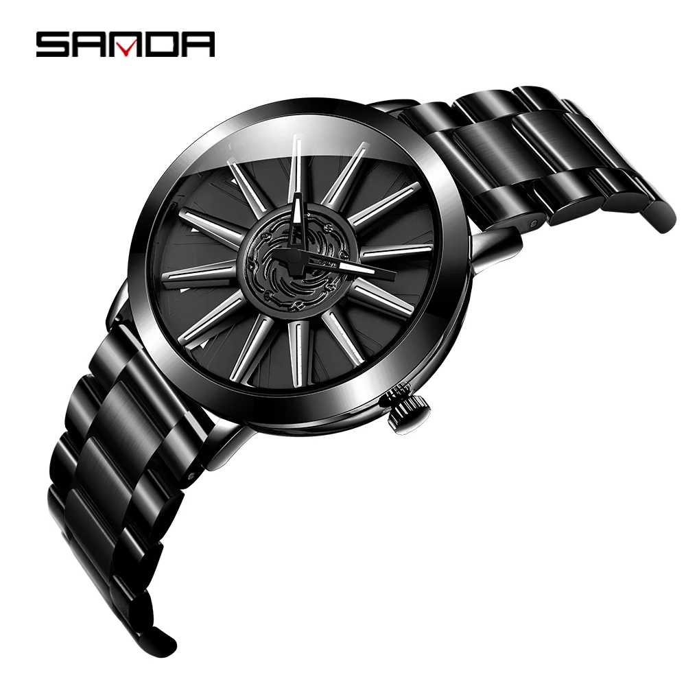 

Sanda Hot Sell Fashion Cool Men Watch Creative Wheel Shape Rotating Dial Steel Band Quartz Movement Gift Relogio Masculino 1032