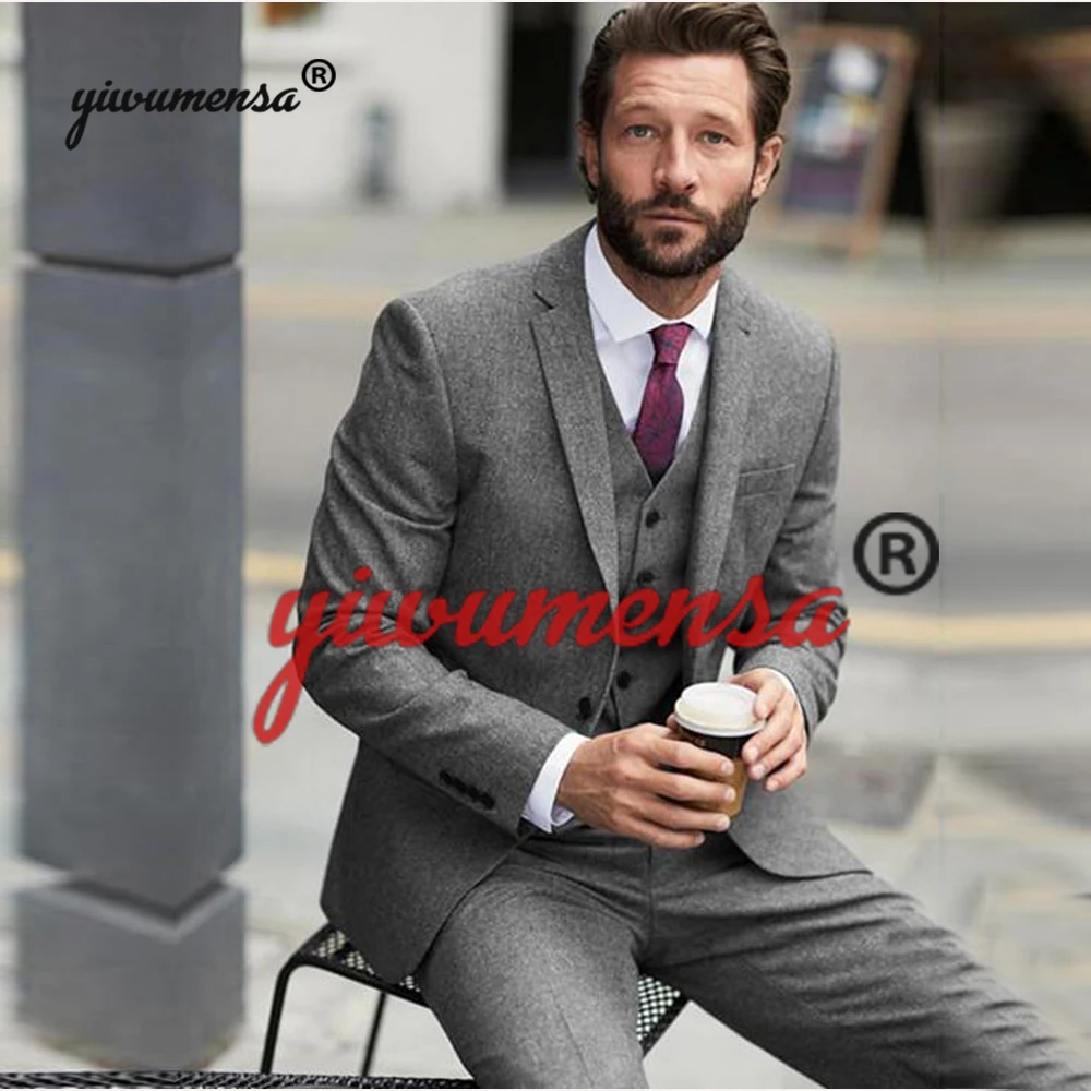 Осень-зима черные солнцезащитные очки Серый смокинг для жениха Нотч на двух