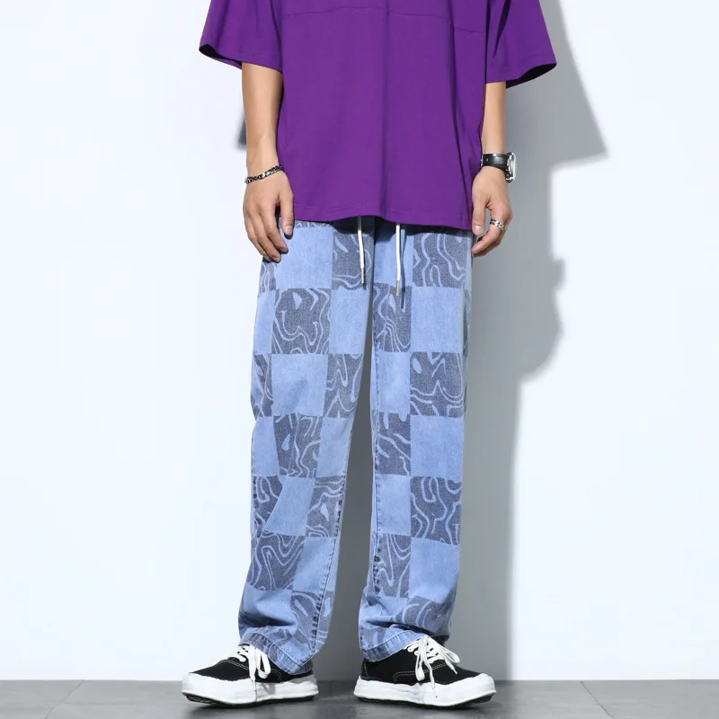 Men's Jeans 2021 Spring Autumn Plaid Full Printed Straight-Leg Jeans Male Ins Street Hip-Hop Loose Wide-Leg Denim Trousers S-5XL