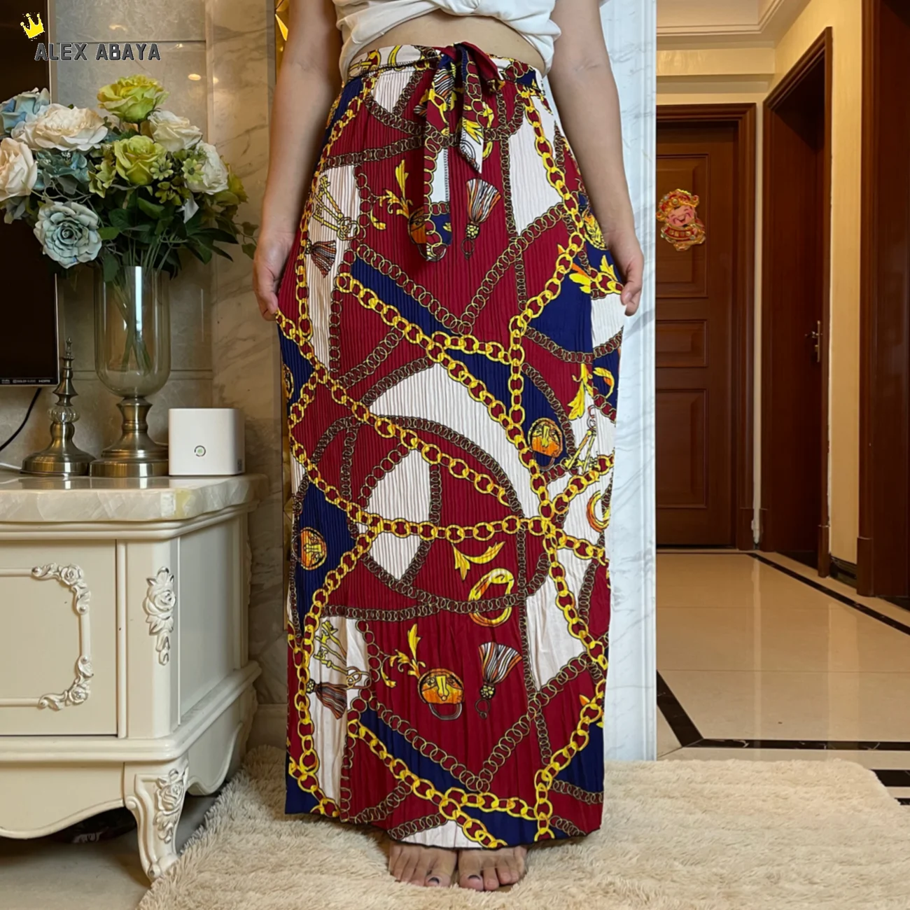 

Женская юбка с принтом в виде цепочки, из эластичной ткани с поясом на резинке, DH064