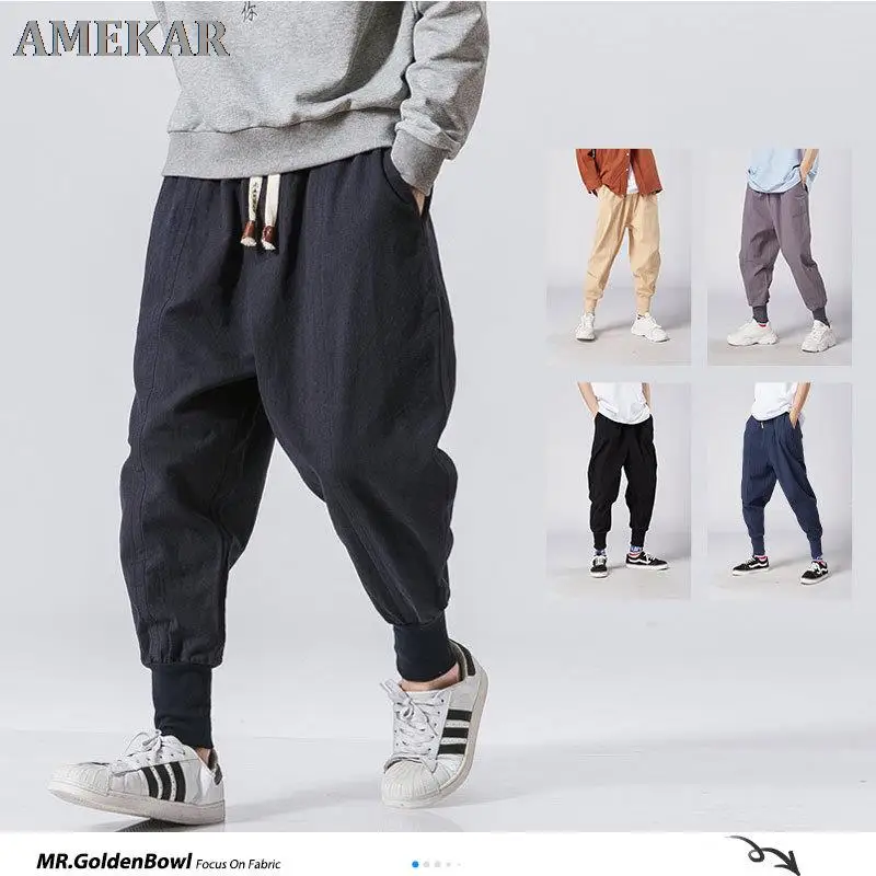 

Джоггеры мужские из 2021 хлопка и льна, повседневные брюки-султанки в уличном стиле, крутые брюки, Одежда большого размера для лета