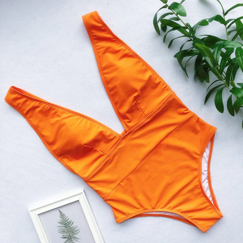 orange Женский купальник с v-образным вырезом, сдельный купальник,, сексуальный женский купальный костюм, монокини с пуш-ап, Одноцветный, с высокой талией, с открытой спиной, цельный костюм - Цвет: orange